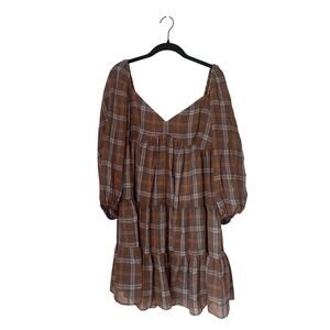 Gianni Bini Brown Blue Plaid Preppy Mini Dress Baby Doll cottagecore-Large